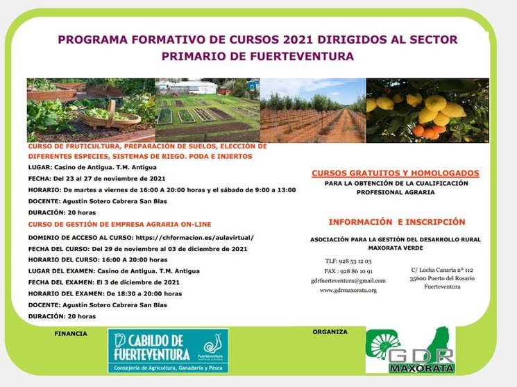 Cursos de fruticultura, riego y gestión de empresaria agraria.