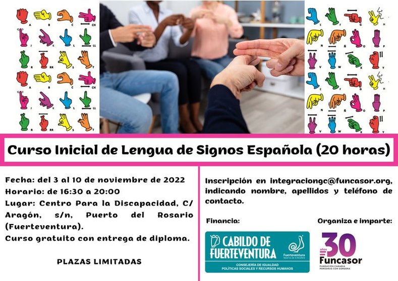 Cartel del curso para formar a las personas en el lenguaje de signos.